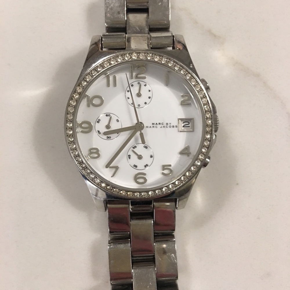 Marc Jacobs silver and crystal topring watch